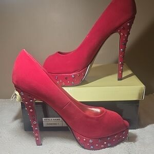 Liliana Red Studded Peep-Toe Platform Heels